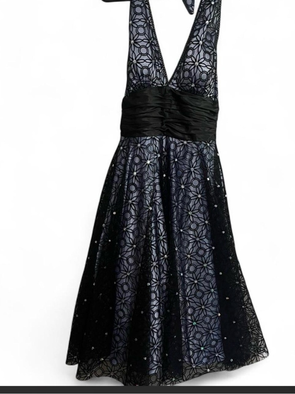 Adrianna Papell Silver and Black One-Shoulder Halter Cocktail Dress
